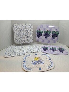 Lot of 6 Vintage Metal Trivets - Grapes, Heart Florals, Blue Design